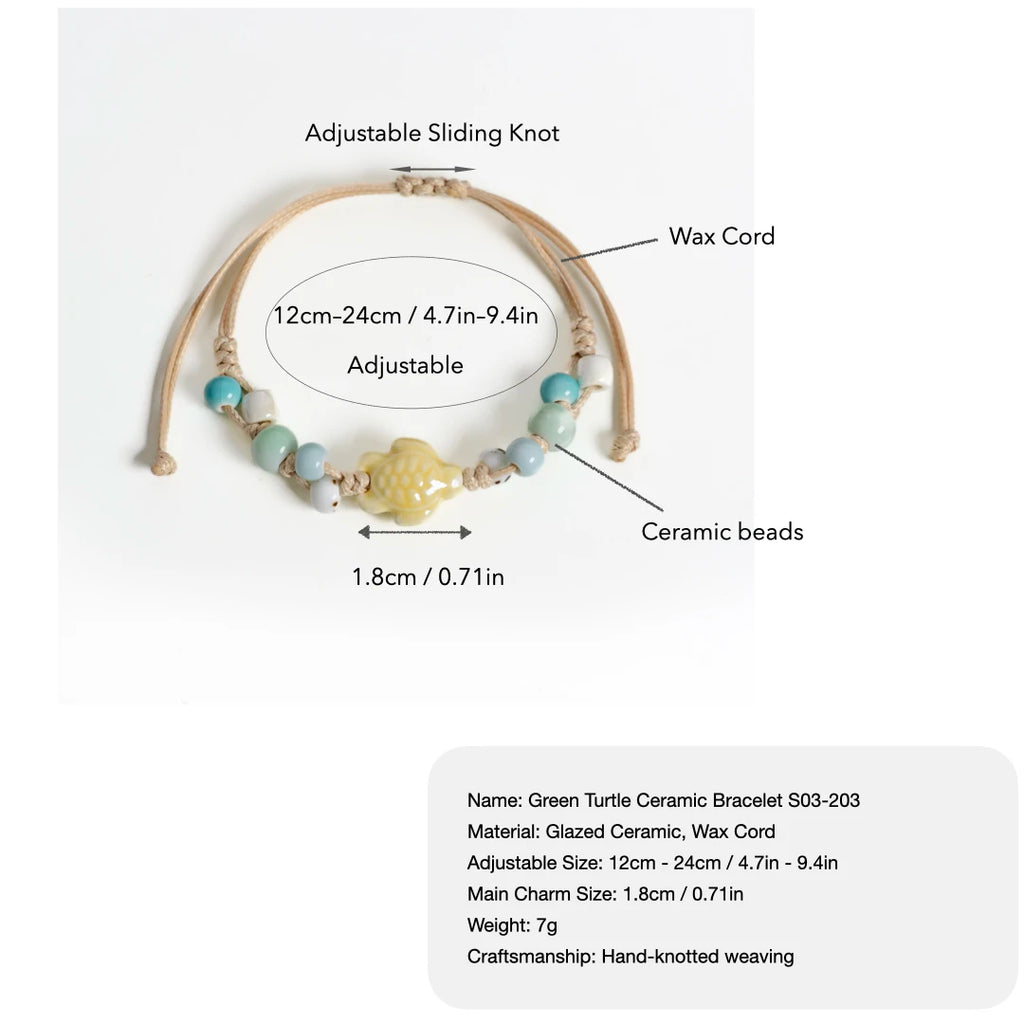 Handmade Ceramic Sea Turtle Bracelet – Adjustable Wax Cord Ocean Beach Jewelry for Women & Girls