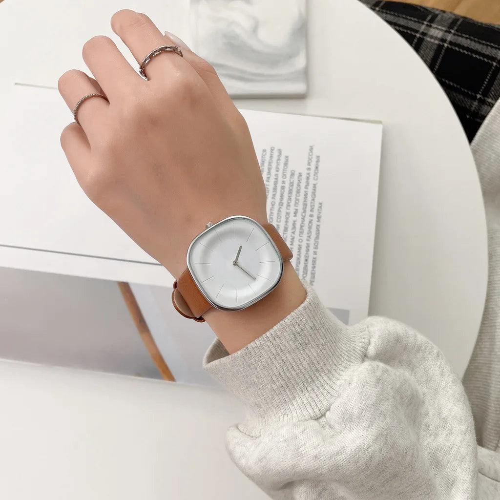 Women’s Square Minimalist Watch – Leather Strap Quartz Timepiece