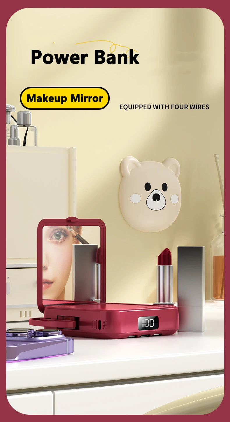 Mini Power Bank 20000mAh – Built-in 4 Cables, Makeup Mirror & Cute Pet Cartoon Design