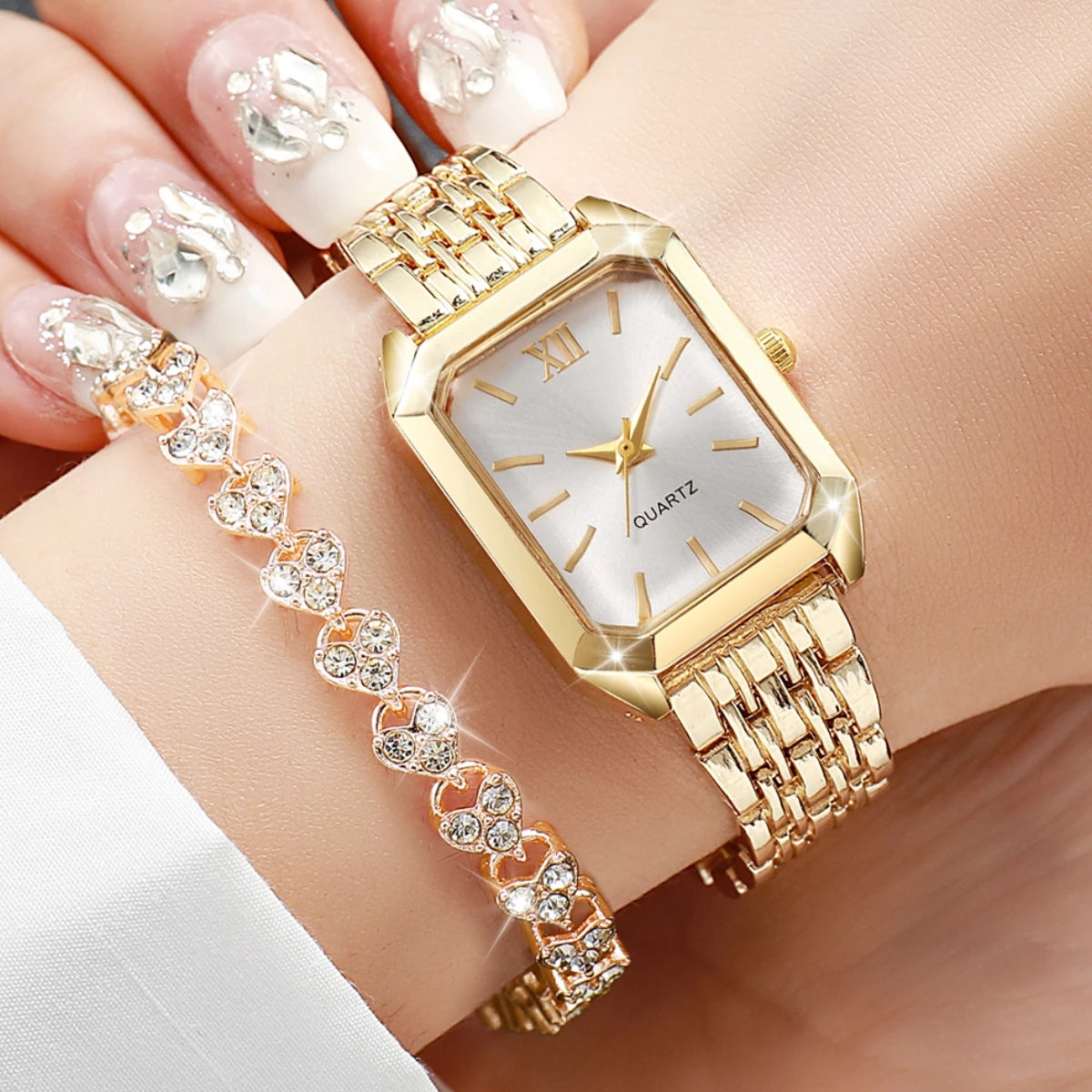 Fashion Rectangle Women's Quartz Watch & Rhinestone Bracelet Set – 2PCS Roma Dial Wristwatch