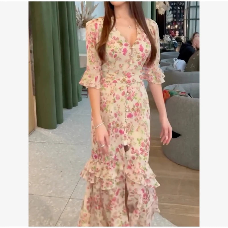 Women's Printed Gathered Swing Midi Dress - Spaghetti Strap High Waist