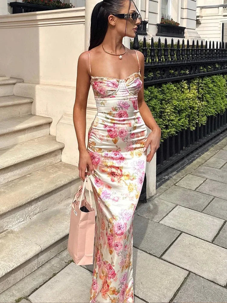Women's Spaghetti Strap Floral Print Maxi Dress - Boat Neck Elegant Style