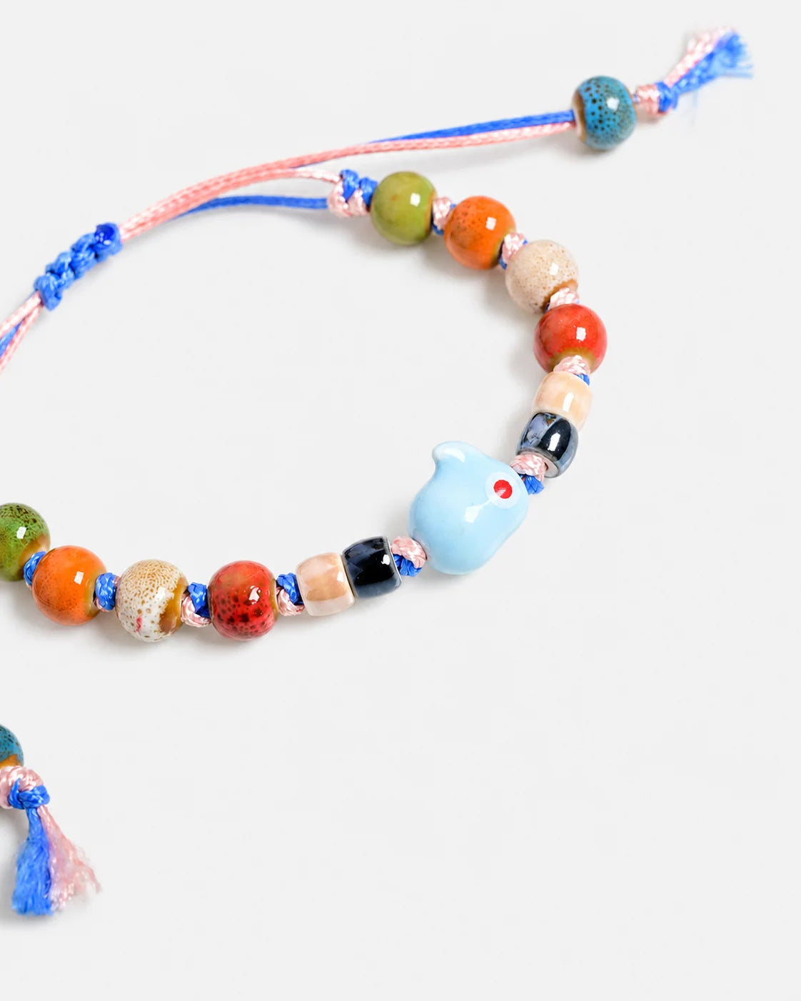 Handmade Blue Rabbit Ceramic Bracelet – Adjustable Woven Wax Cord Bunny Charm Jewelry