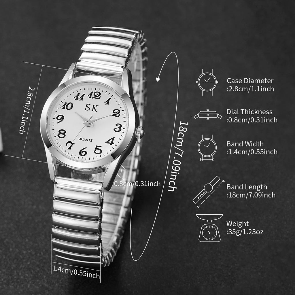 Elegant Elastic Strap Women's Quartz Watch – Small Arabic Dial Ladies Wristwatch Set