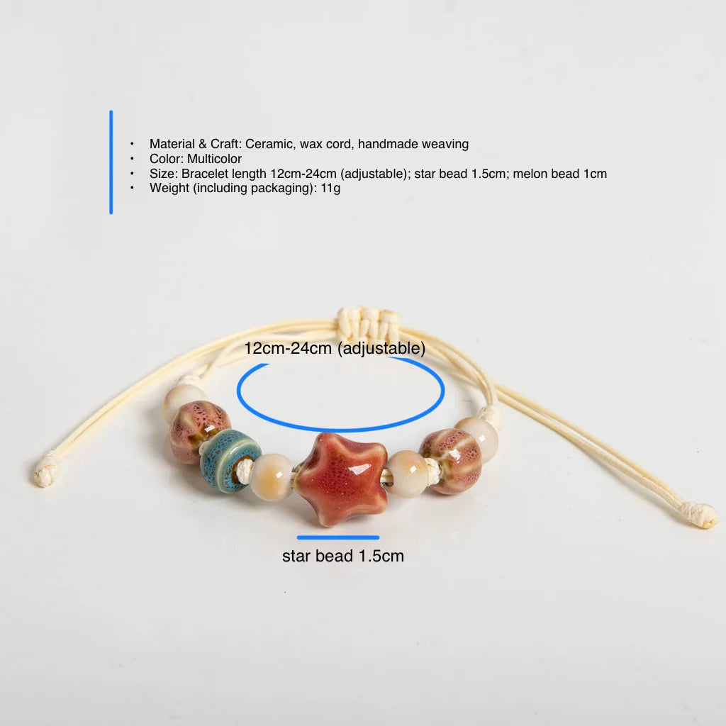 Handmade Ceramic Peach Star & Melon Bead Bracelet – Adjustable Multicolor Wax Cord Boho Jewelry