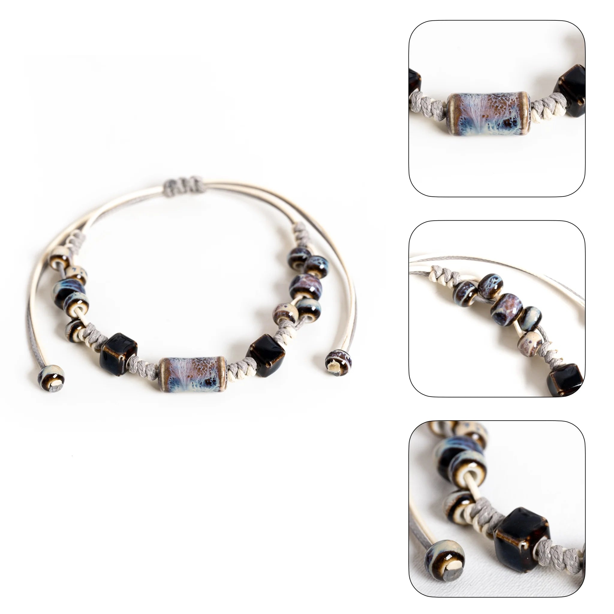 Handmade Vintage Tube Ceramic Bracelet – Adjustable Wax Cord Minimal Natural Jewelry