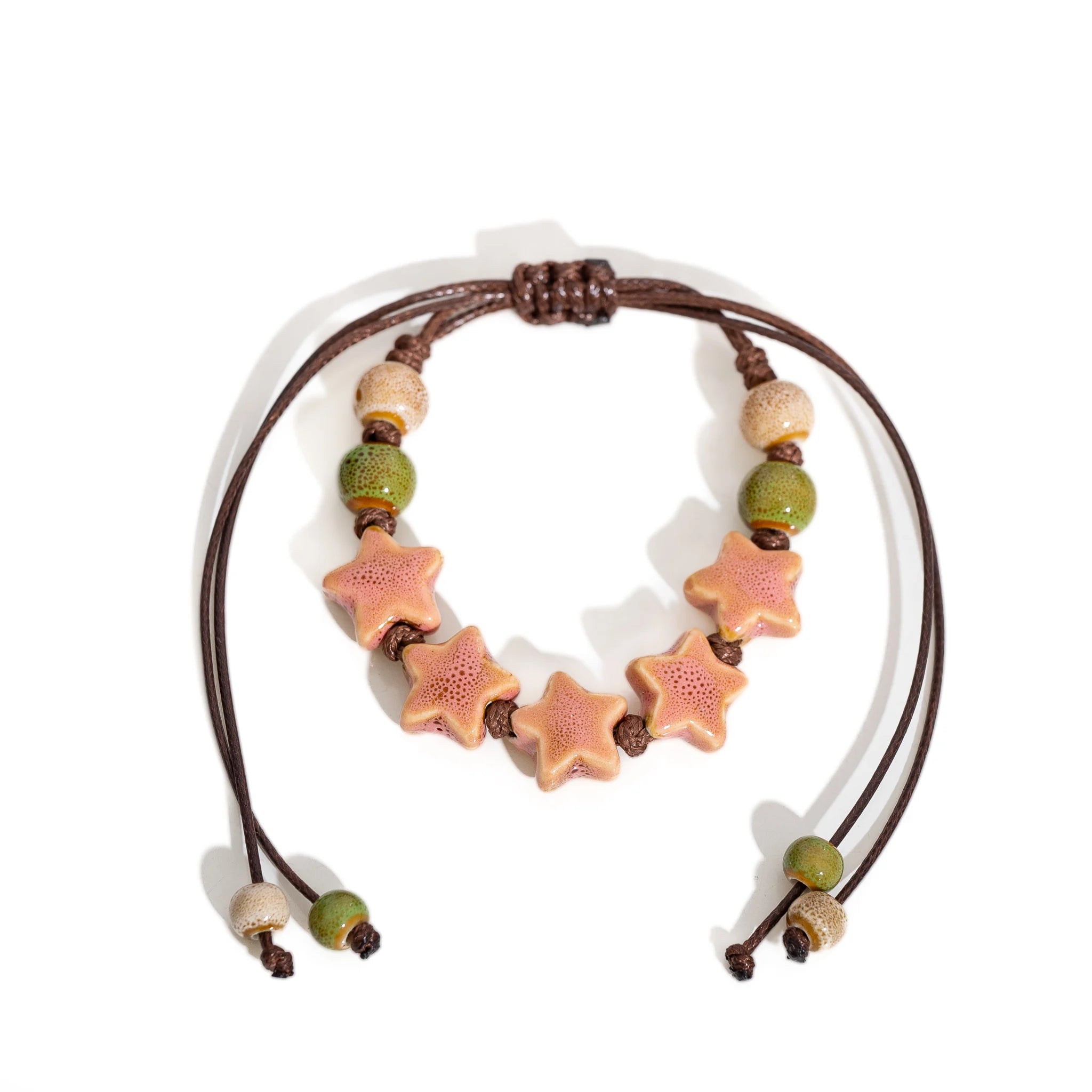 Handmade Pentagram Ceramic Bead Bracelet – Adjustable Wax Cord Jewelry for Women & Couples