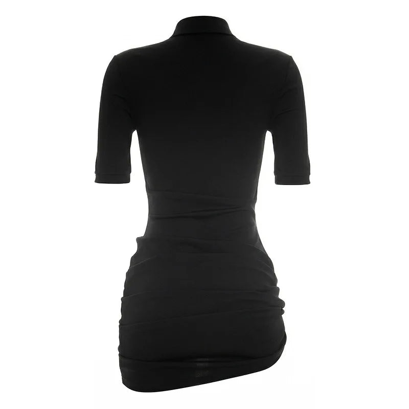 Sexy Lapel Half Sleeve Ruched Mini Dress