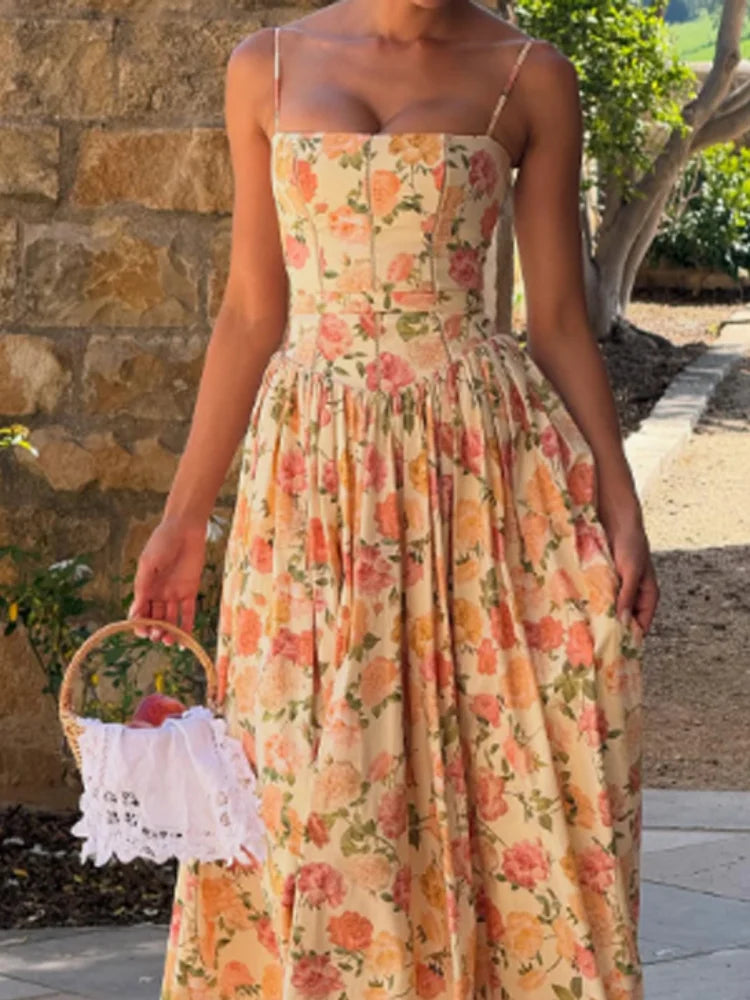 Women's Printed Gathered Swing Midi Dress - Spaghetti Strap High Waist