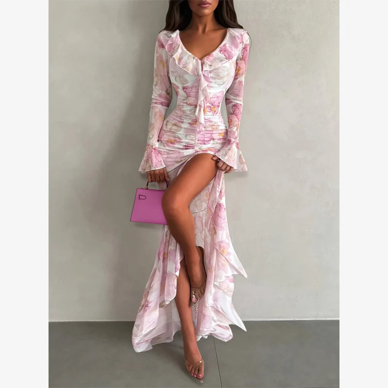 Women's Printed Gathered Swing Midi Dress - Spaghetti Strap High Waist