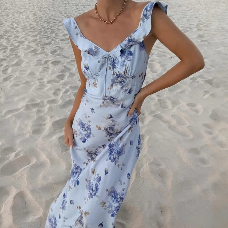 Women's Summer Flower Printed Backless Halter Maxi Dress - Low-cut Style