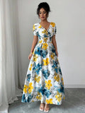 Women's V Neck Shirred Maxi Dress - Big Floral Print Ankle Length