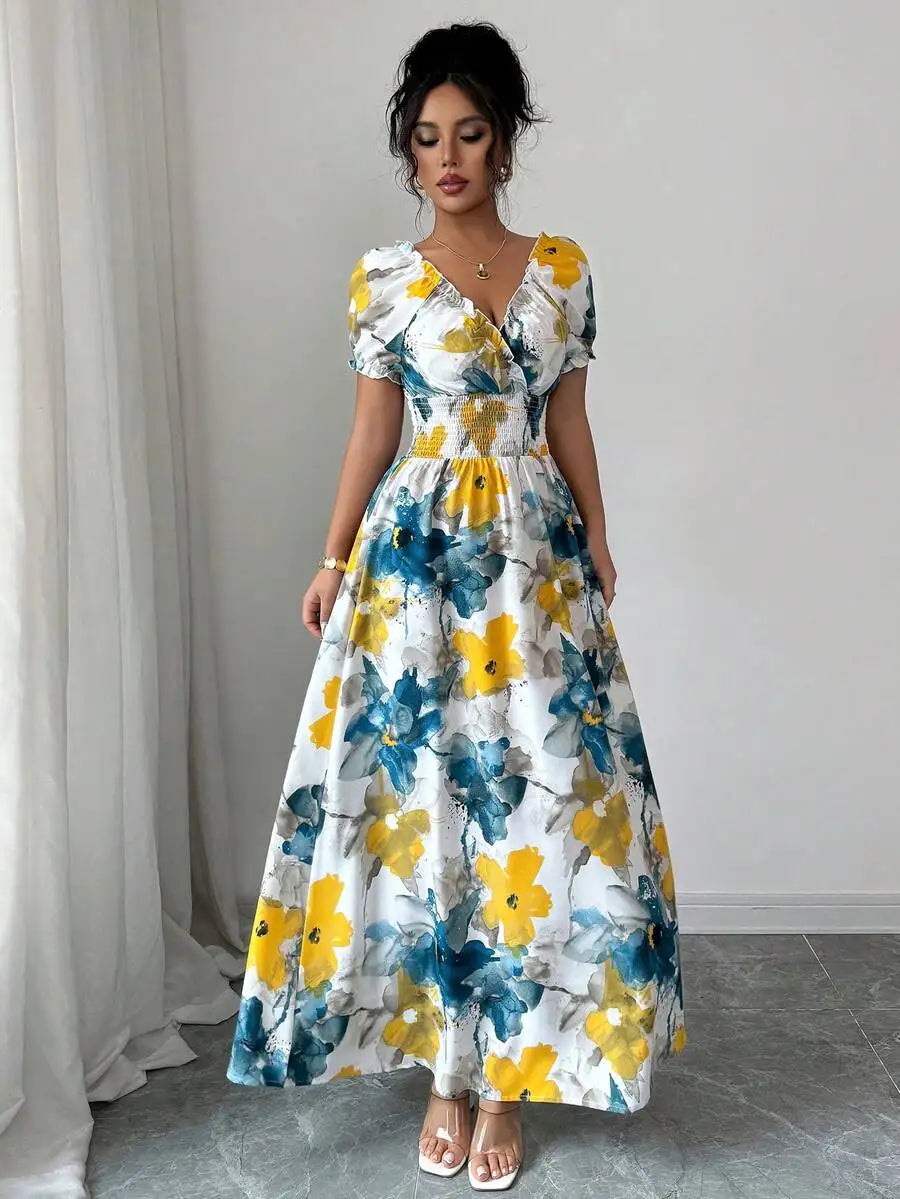 Women's V Neck Shirred Maxi Dress - Big Floral Print Ankle Length