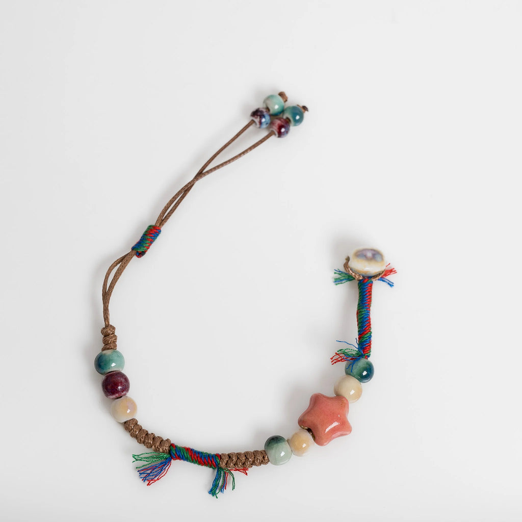 Handmade Ceramic Bead Bracelet – Adjustable Wax Cord Star Charm Multicolor Jewelry