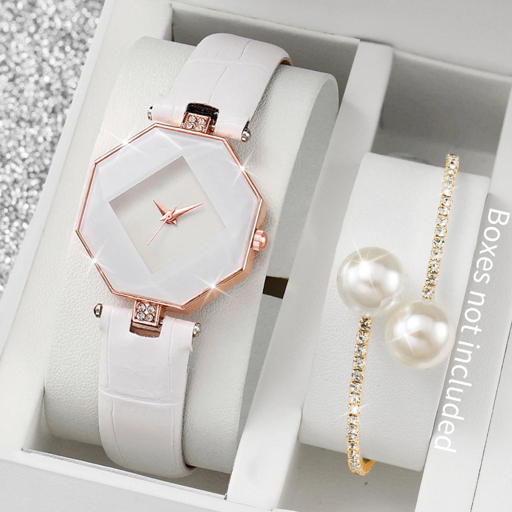 Fashion Women's Leather Band Quartz Watch & Pearl Bracelet Set – 2PCS Analog Wristwatch