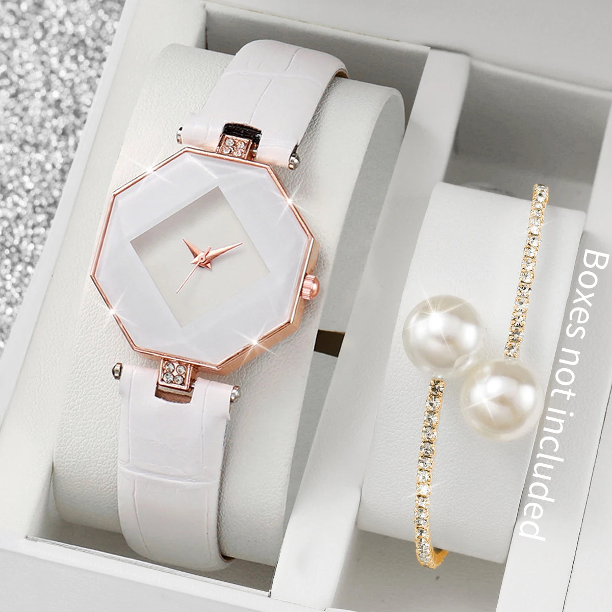 Fashion Women's Leather Band Quartz Watch & Pearl Bracelet Set – 2PCS Analog Wristwatch