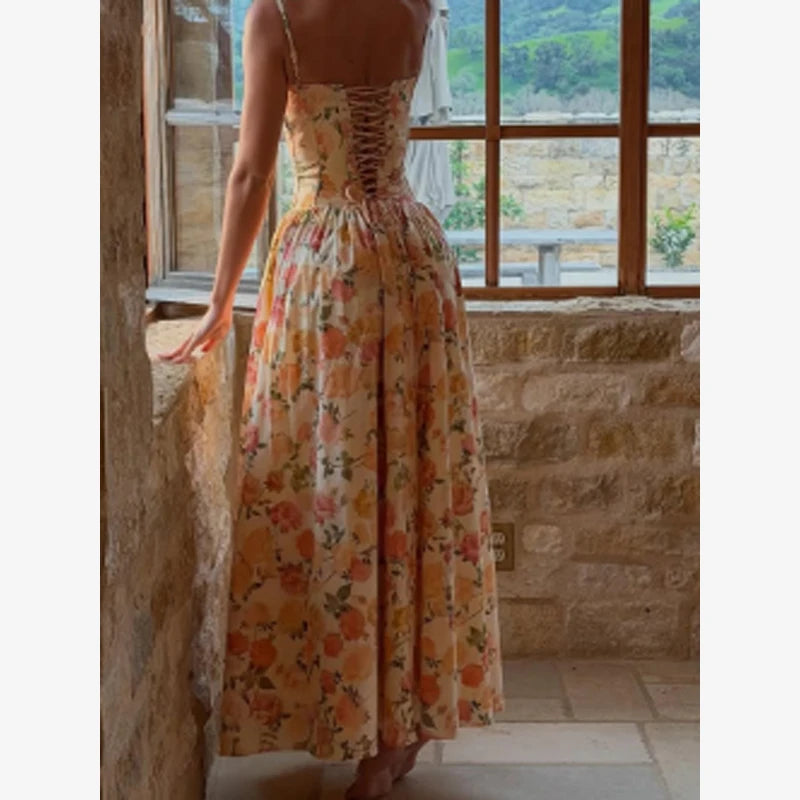 Women's Printed Gathered Swing Midi Dress - Spaghetti Strap High Waist
