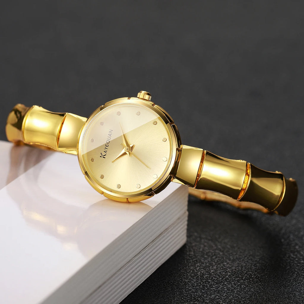 Elegant Women's Gold Bamboo Bracelet Quartz Watch – Luxury Dress Wristwatch