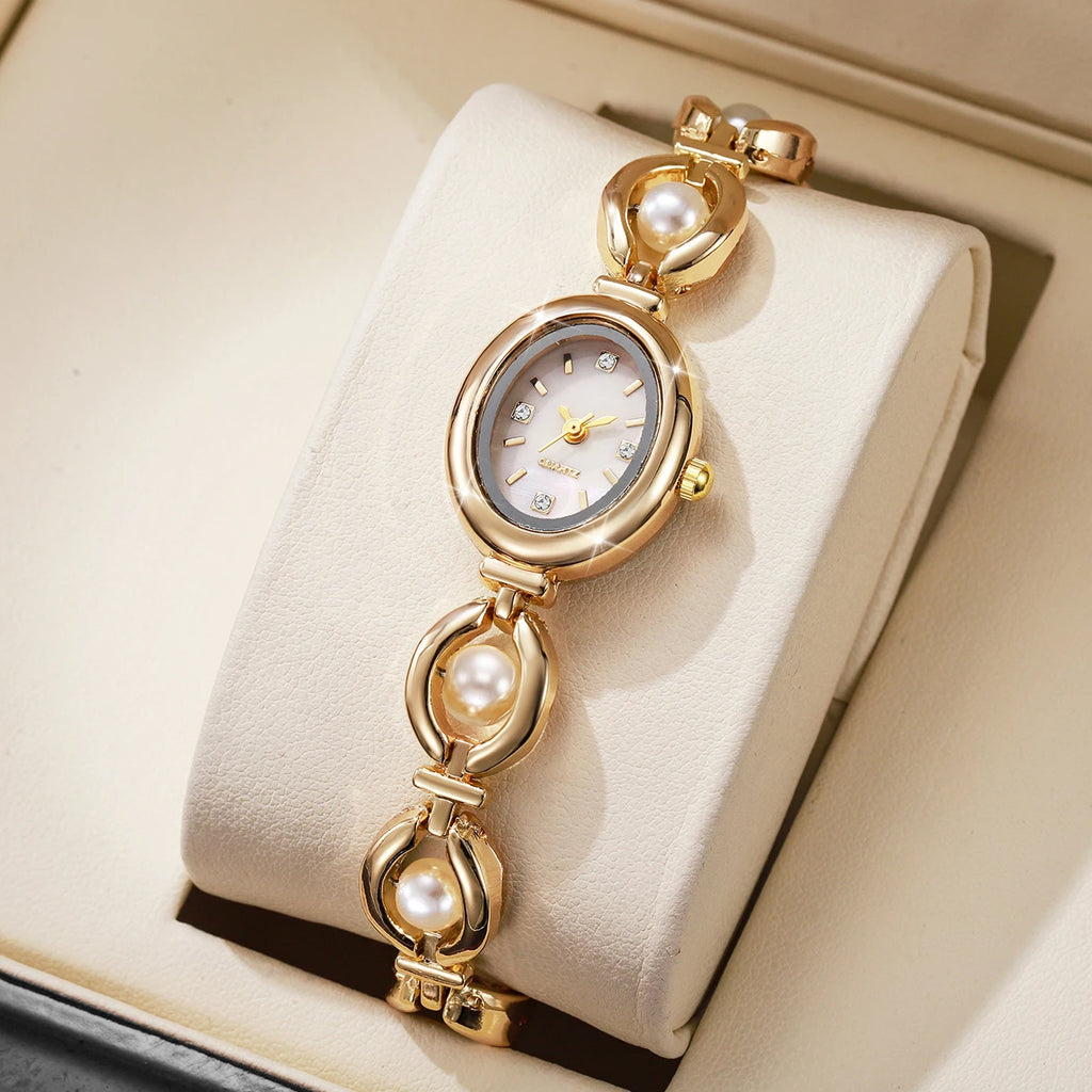 Elegant Pearl Bracelet Women's Diamond Quartz Watch – Fashion Ladies Wristwatch