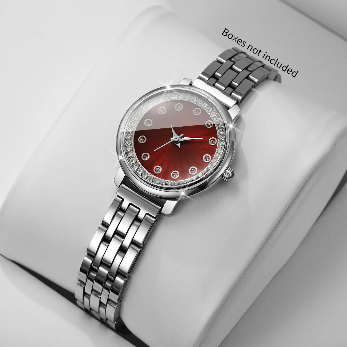 Luxury Red Dial Rhinestone Women's Quartz Watch – Stainless Steel Elegant Wristwatch