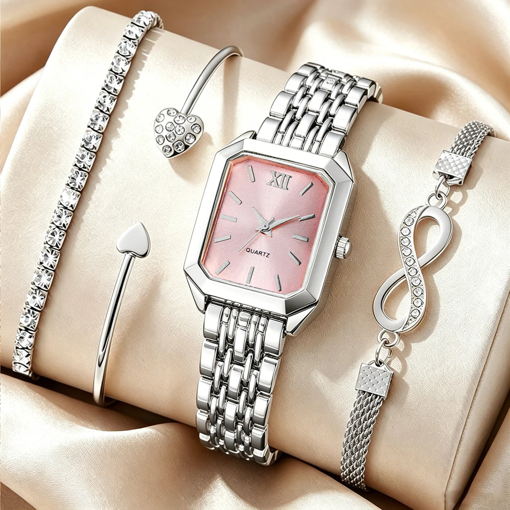 Elegant Rectangle Women's Quartz Watch & Rhinestone Bracelet Bangle Set – 4PCS Ladies Wristwatch