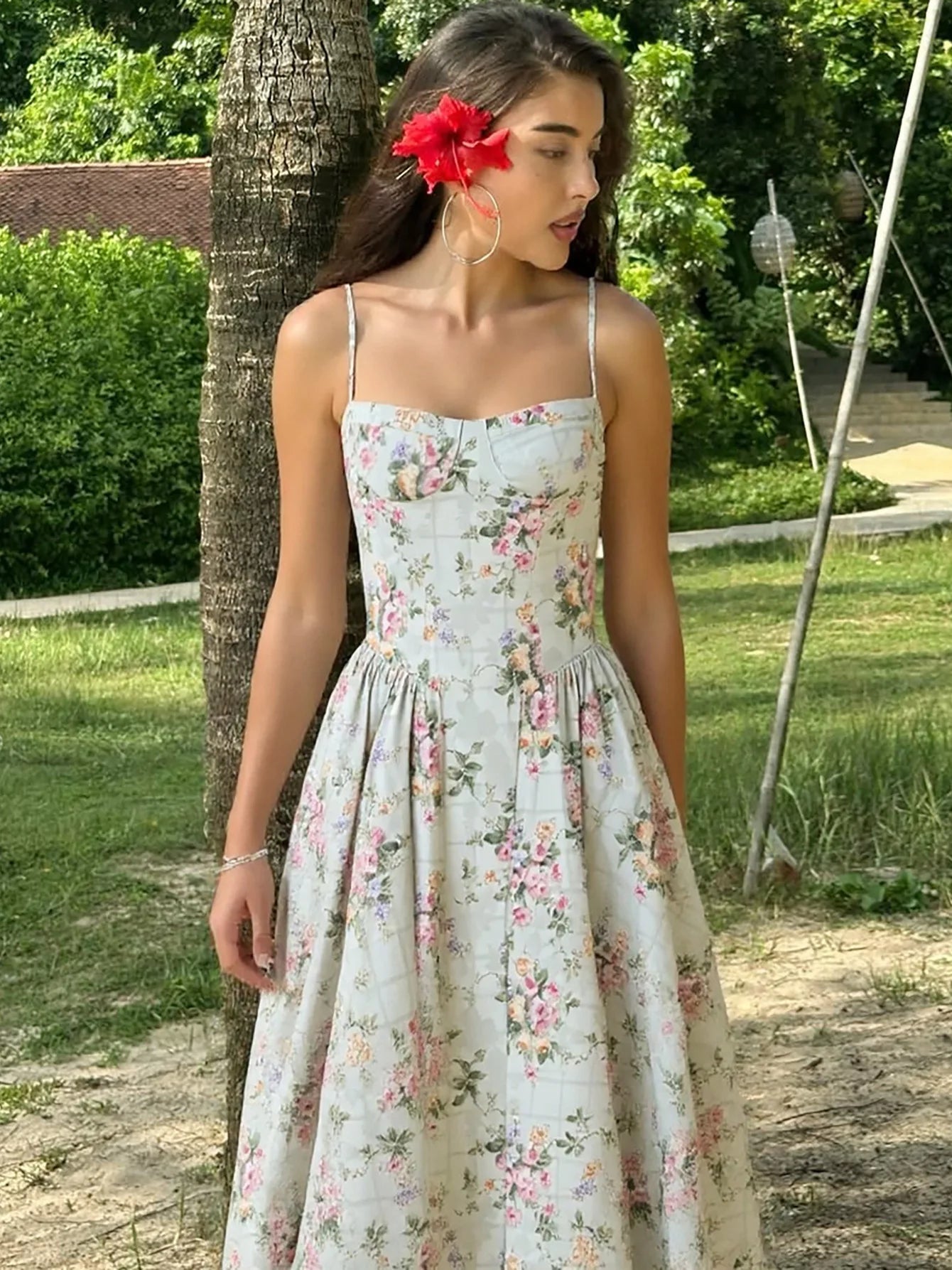 Women's Vintage Floral High Waist A-Line Midi Dress - Green Summer Sundress