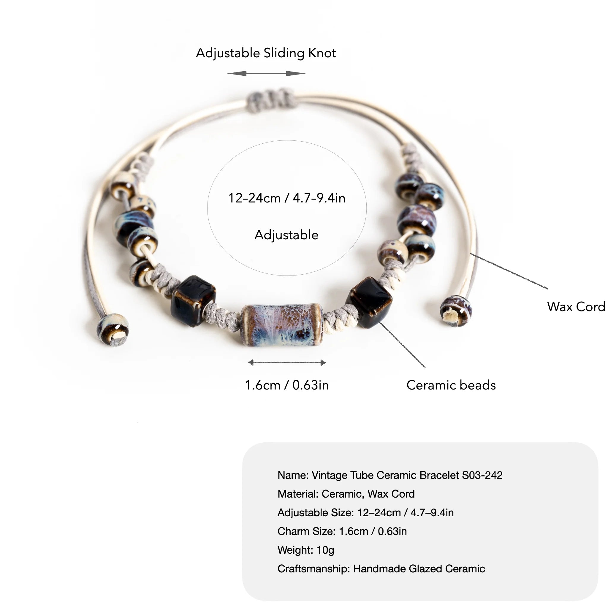 Handmade Vintage Tube Ceramic Bracelet – Adjustable Wax Cord Minimal Natural Jewelry