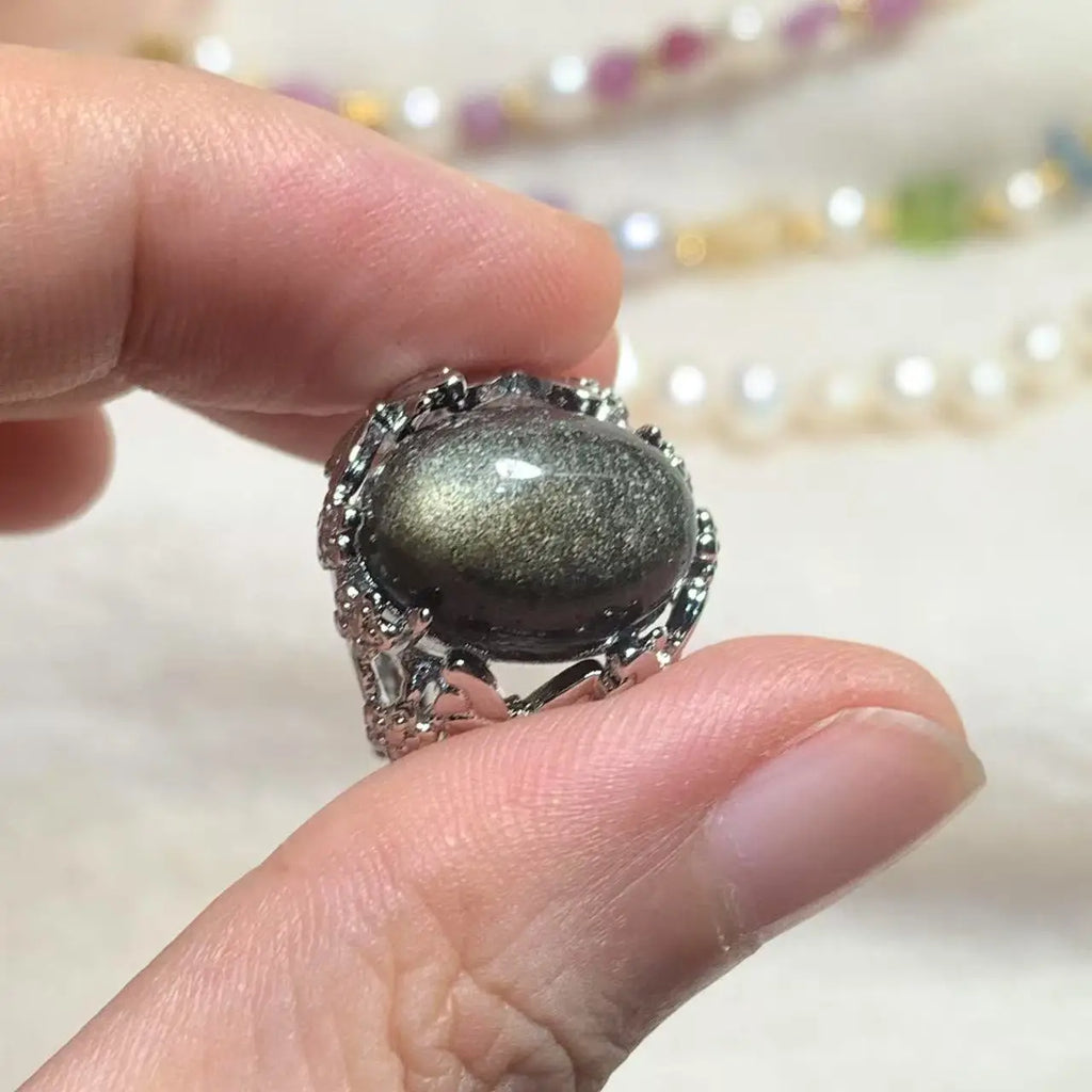 Natural Obsidian Adjustable Ring – Vintage Gemstone Ring for Women