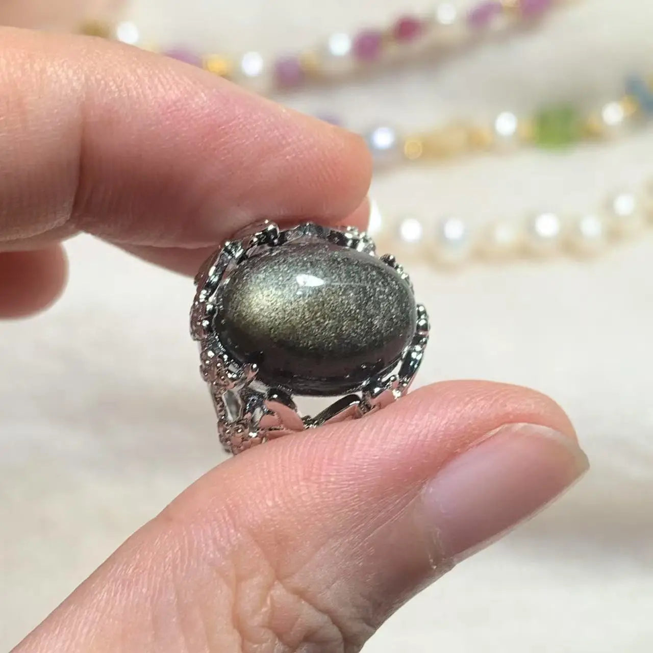 Natural Obsidian Adjustable Ring – Vintage Gemstone Ring for Women