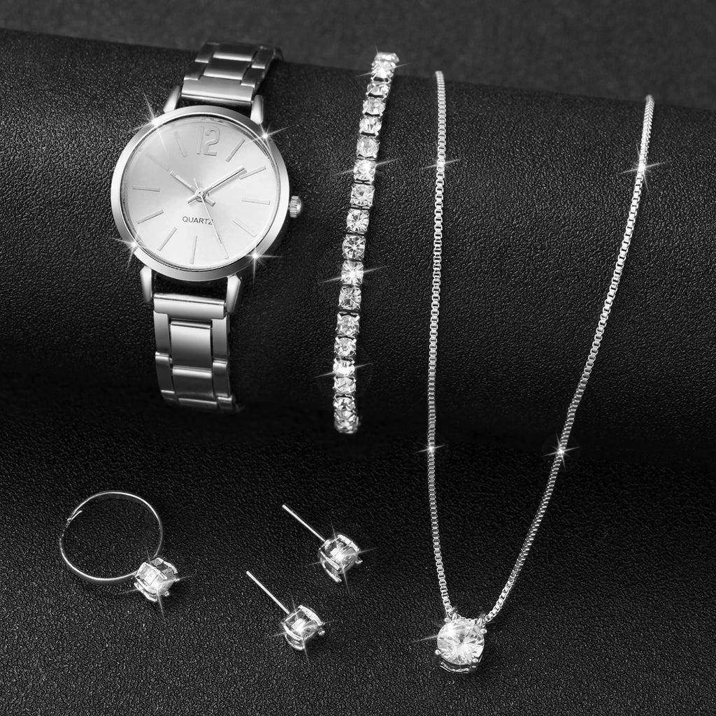 Women's Stainless Steel Quartz Watch & Diamond Jewelry Set – 6PCS Fashion Wristwatch