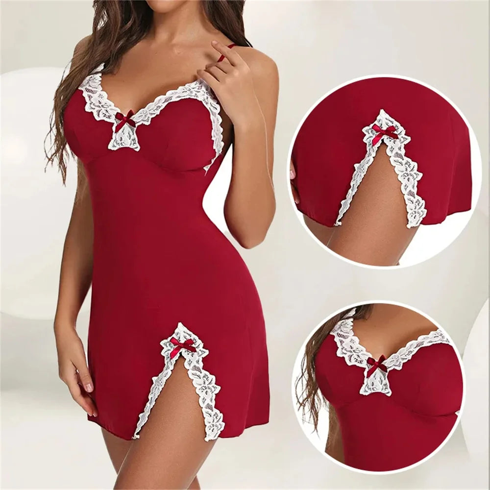 Sexy lace satin nightgown with V-neck and split hem, soft and sleeveless