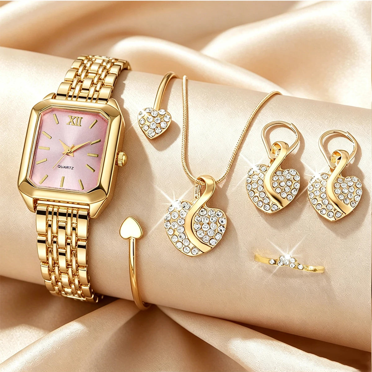 Elegant Rectangle Women's Quartz Watch & Rhinestone Heart Jewelry Set – 6PCS Ladies Wristwatch
