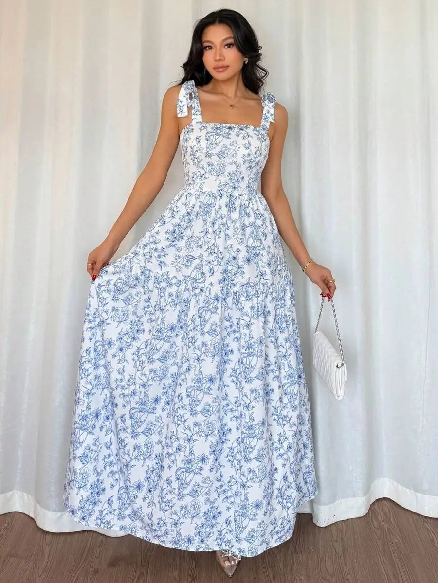 Women's V Neck Pleated Floral Maxi Dress - Sleeveless Ruffle Hem