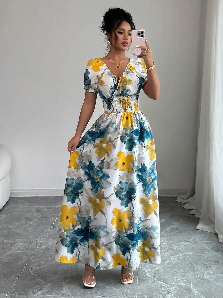 Women's V Neck Shirred Maxi Dress - Big Floral Print Ankle Length