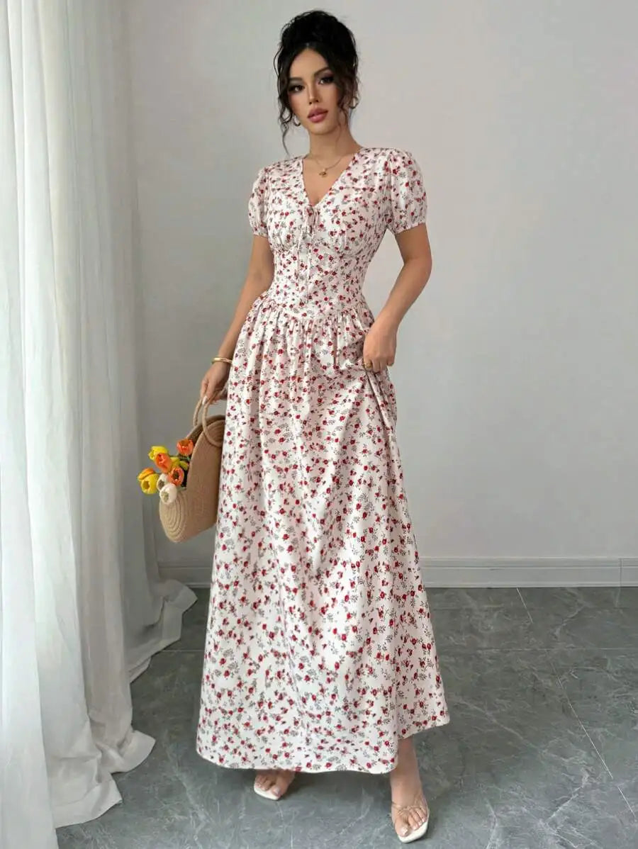 Women's Ditsy Floral Maxi Dress - Puff Sleeve Elastic Waist