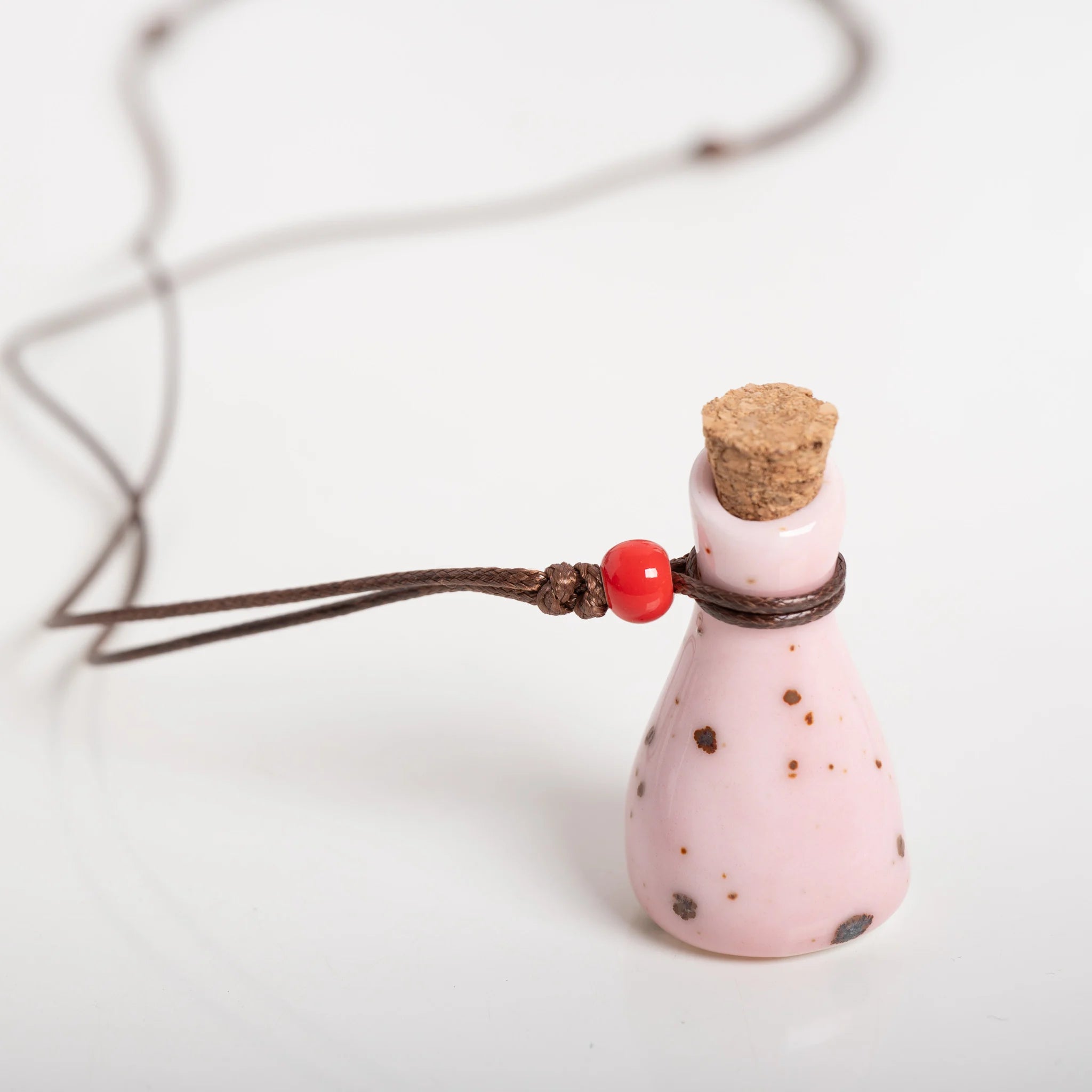 Handmade Pink Ceramic Perfume Bottle Necklace – Adjustable Wax Cord Aromatherapy Jewelry