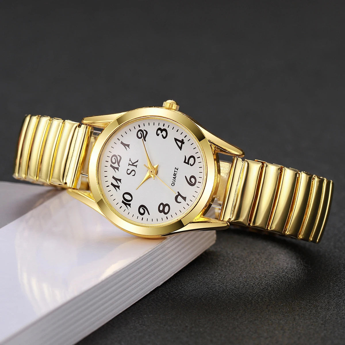 Elegant Elastic Strap Women's Quartz Watch – Small Arabic Dial Ladies Wristwatch Set