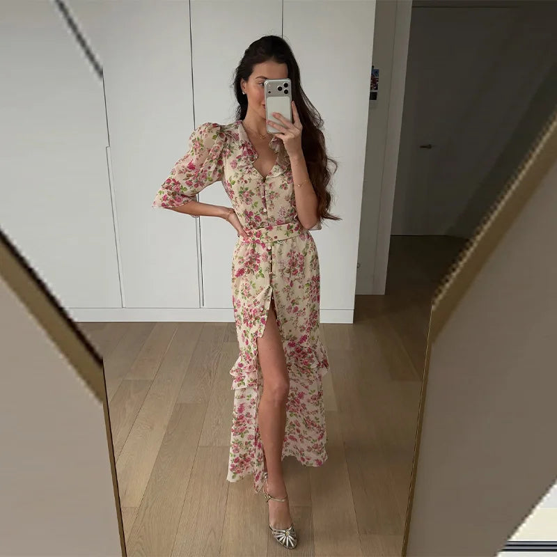 Women's Printed Gathered Swing Midi Dress - Spaghetti Strap High Waist
