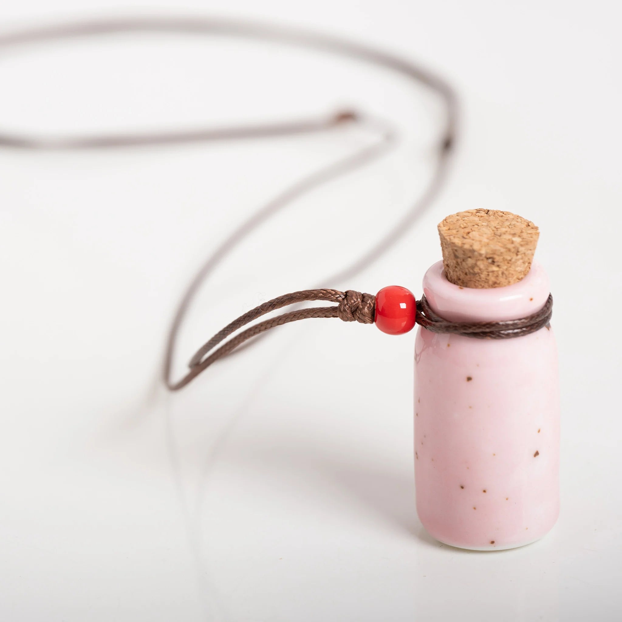 Handmade Pink Ceramic Perfume Bottle Necklace – Adjustable Wax Cord Aromatherapy Jewelry