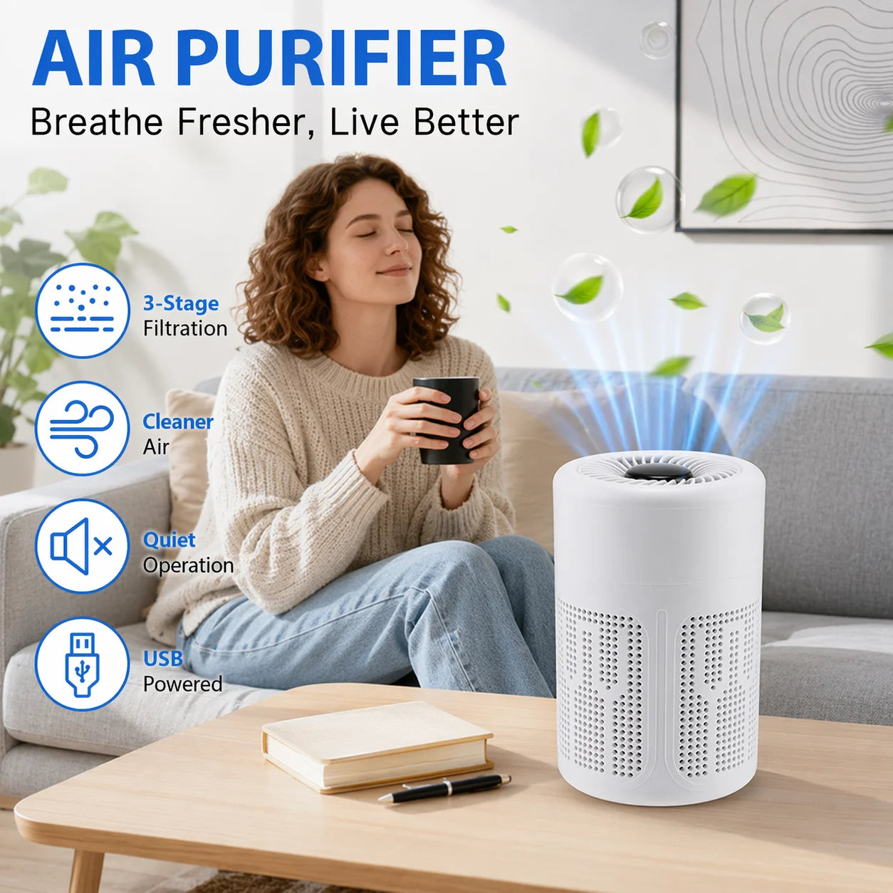 USB Portable Air Purifier – HEPA Filter Negative Ion Generator for Home & Office