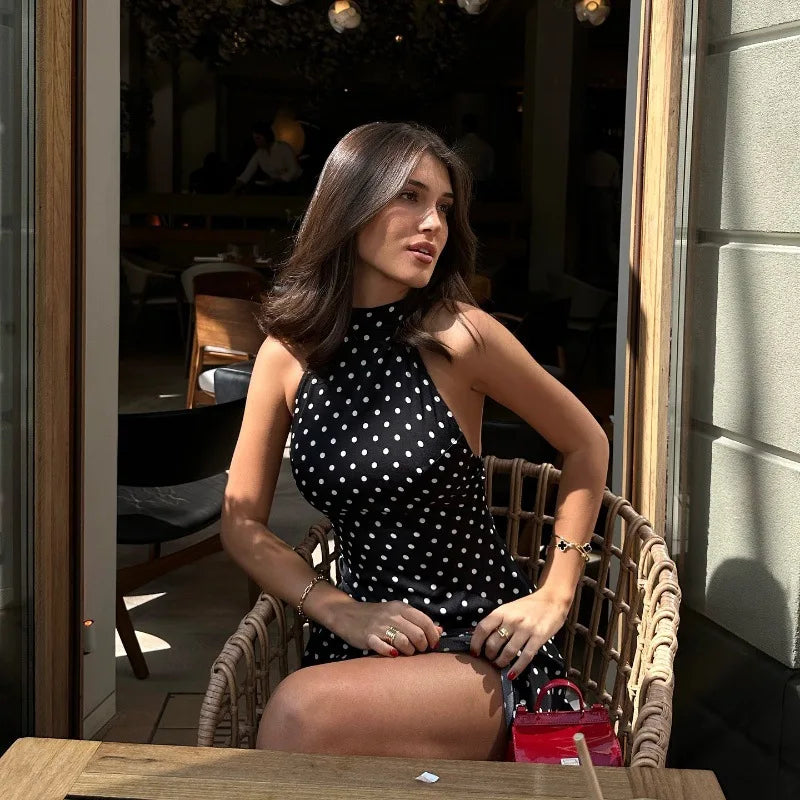 Polka Dot Off Shoulder Backless Halter Mini Dress