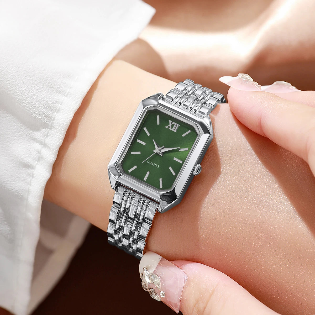 Elegant Rectangle Women's Quartz Watch & Rhinestone Heart Jewelry Set – 6PCS Ladies Wristwatch