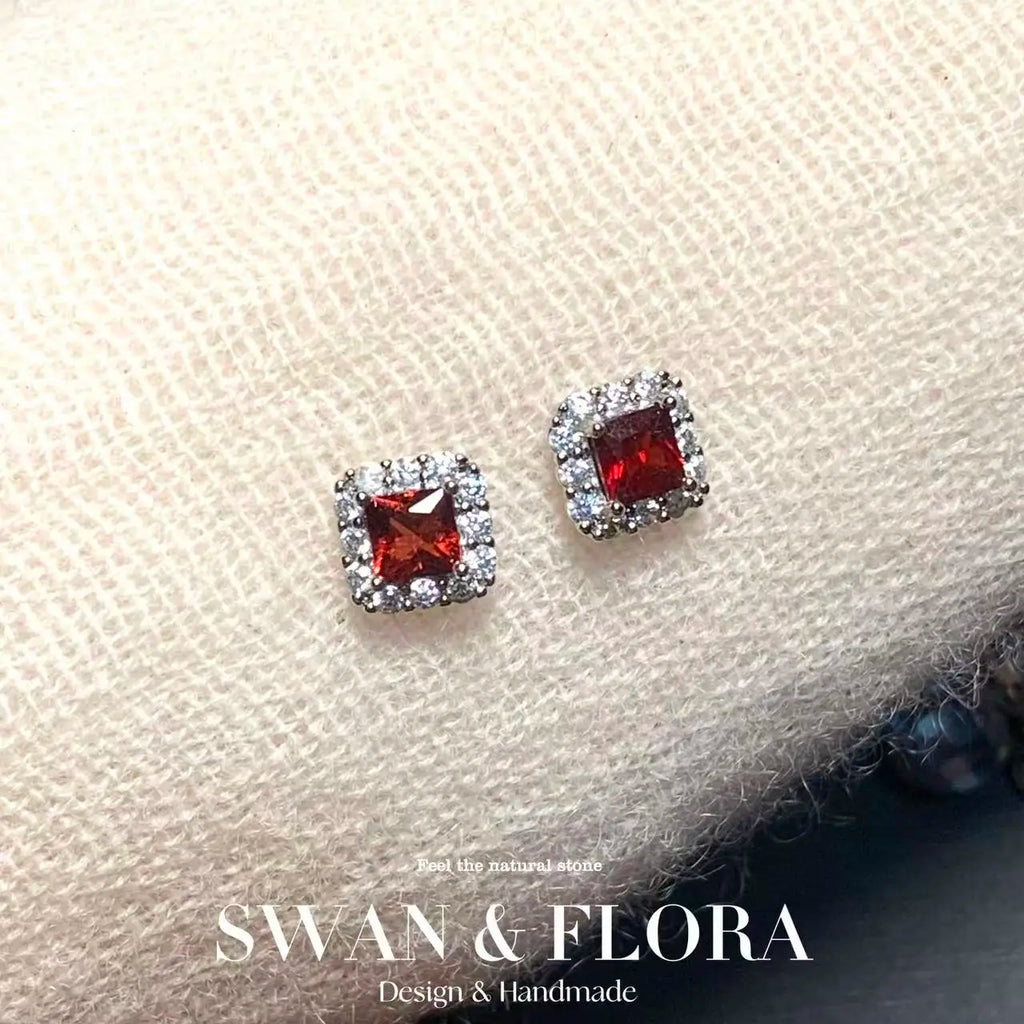Natural Garnet Copper Stud Earrings – Genuine Red Gemstone for Women