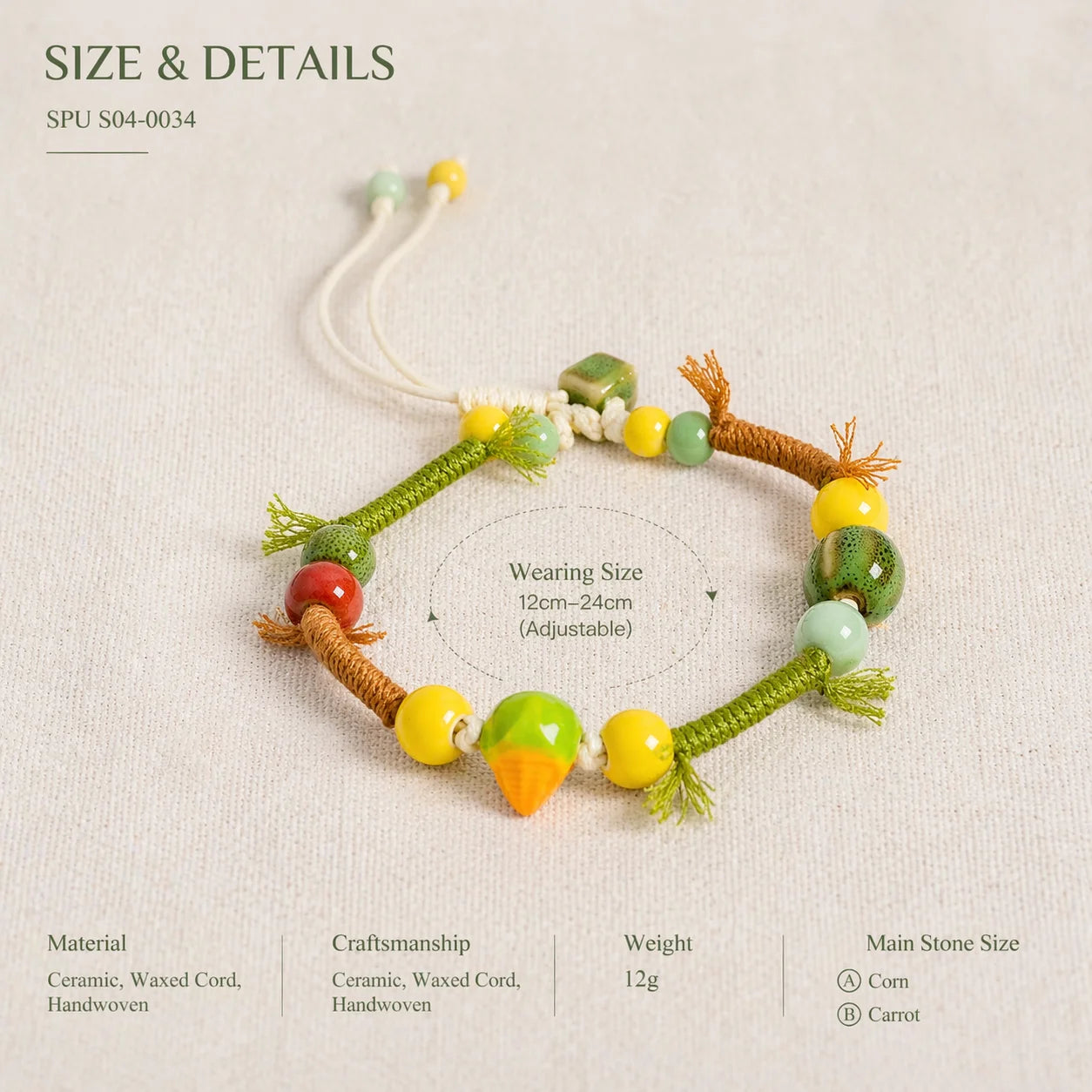Handmade Ceramic Vegetable Bracelet – Corn & Carrot Braided Wax Cord Boho Jewelry for Women
