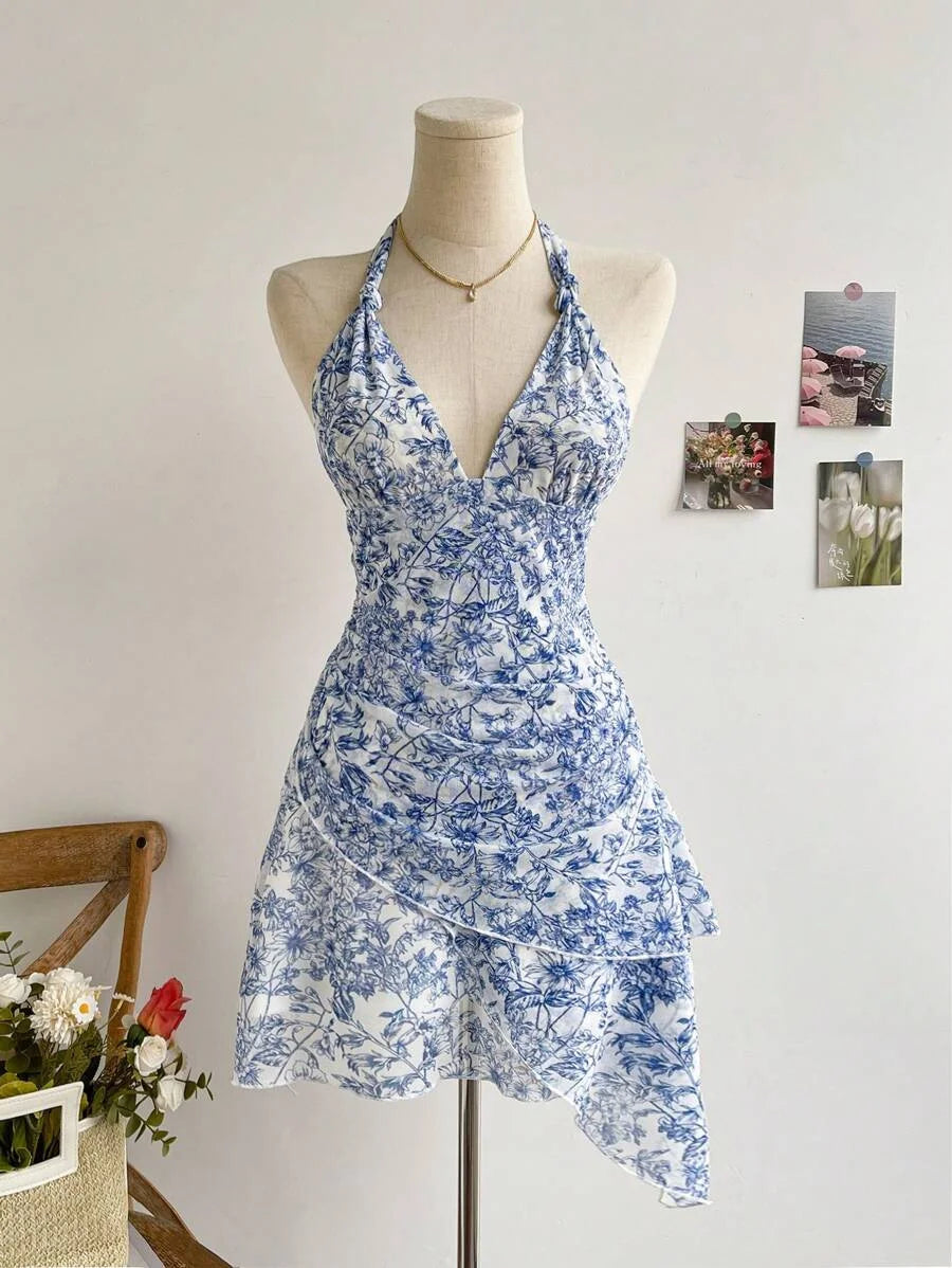 Women's Summer Blue Floral Mesh Dress - V Neck Elegant Slim Fit