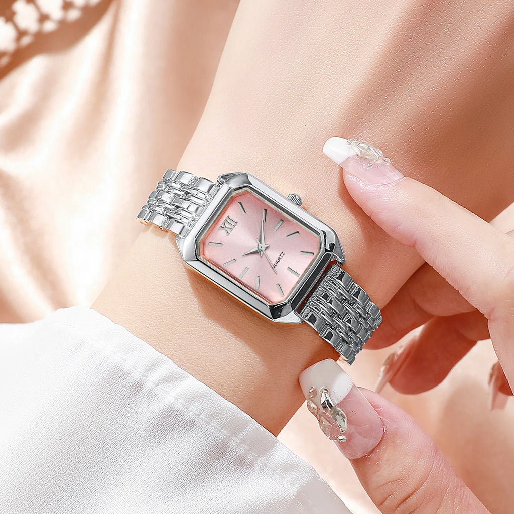 Elegant Rectangle Women's Quartz Watch & Rhinestone Heart Jewelry Set – 6PCS Ladies Wristwatch