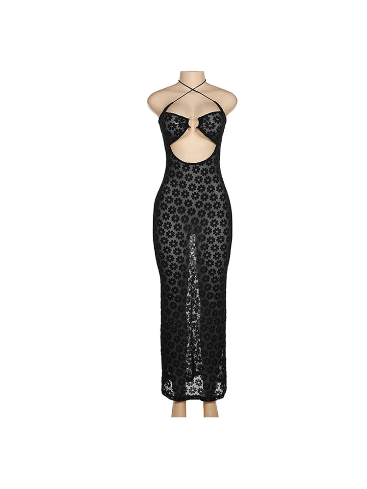 Hollow Halter Neck See-Through Maxi Dress