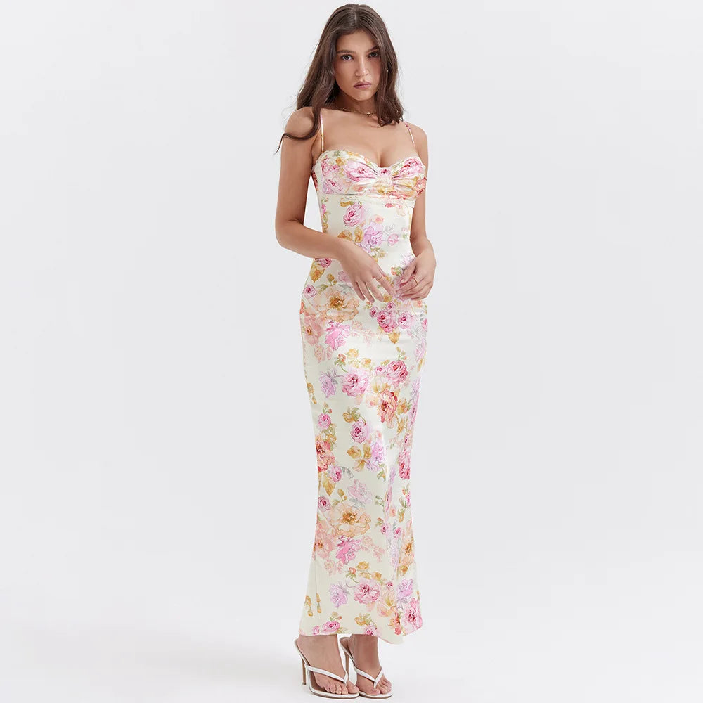 Women's Spaghetti Strap Floral Print Maxi Dress - Boat Neck Elegant Style