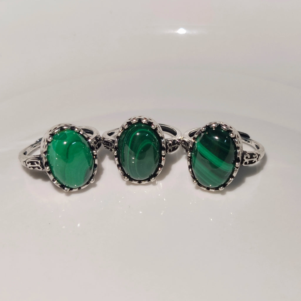 Natural Malachite Ring – 14MM Handmade Green Gemstone Ring for Women