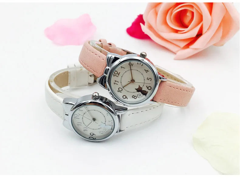 Kids' Cute Cat Cartoon Watch for Girls – Waterproof Quartz